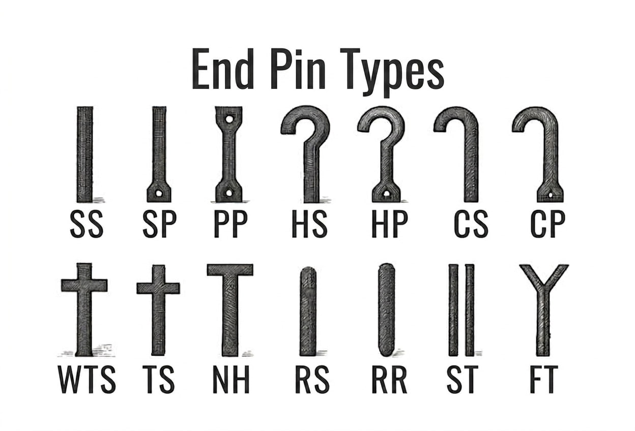 Visual reference guide showing 14 types of hermetic feedthrough end pins with abbreviations: SS, SP, PP, HS, HP, CS, CP, WTS, TS, NH, RS, RR, ST, and FT
